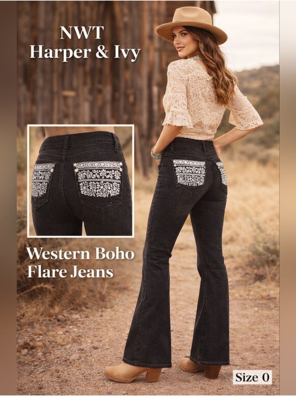 Harper & Ivy Black Embellished Flare Jeans Rhinestone Embroidery Size 0 NWT